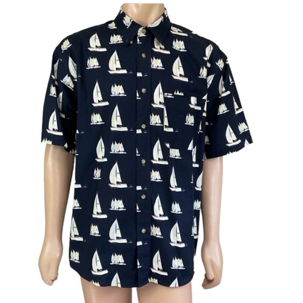 Natural Issue Sail Boat Print Short Sleeve Button Up Cotton Shirt Blue XL